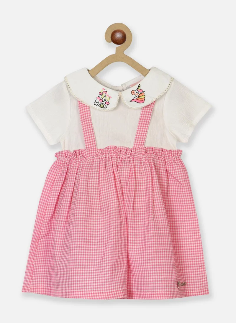 نوتيناتي فستان بناتي قطن % كاروهات بحمالات وبلوزة بيضاء سادة وتطريز وحيد القرن